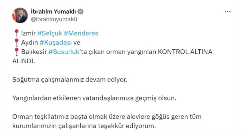 Bakan Yumaklı: İzmir, Aydın ve Balıkesir’deki Orman Yangınları Kontrol Altında