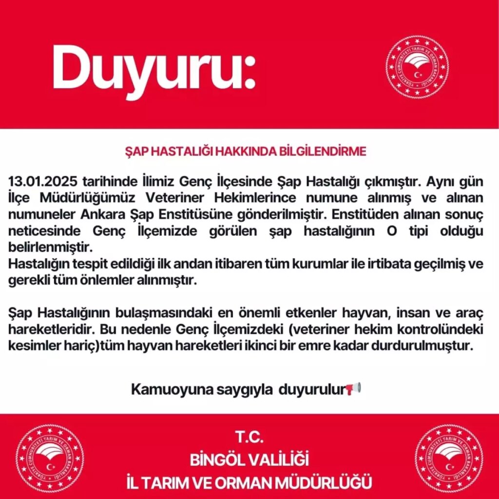 Genç ilçesinde şap karantinası!